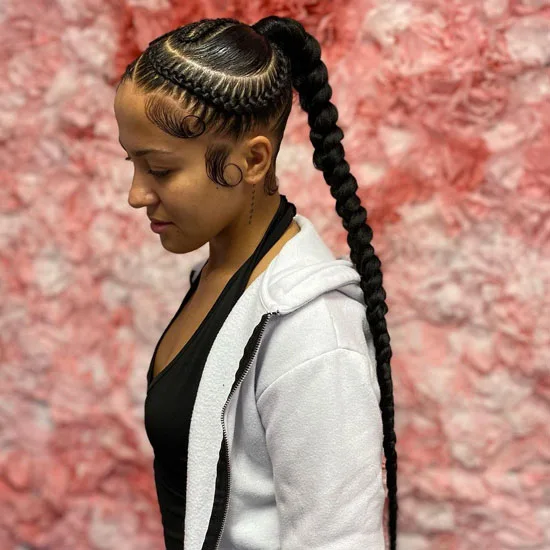 Thin Multi Patterned Feed In Braids With Jumbo Ponytail