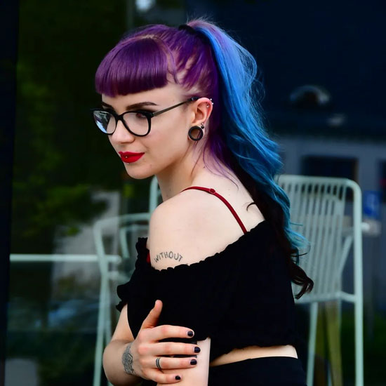 Purple Curtain Bangs with Duotone Updo