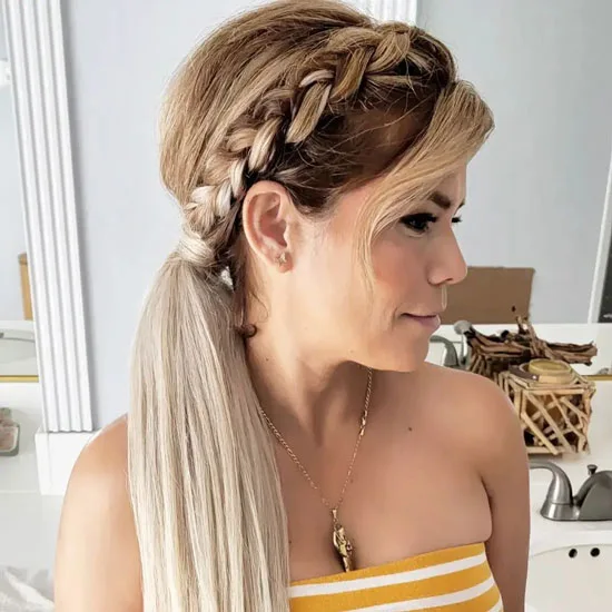 Braided Ponytail With Thin-stitch Side-Swoop