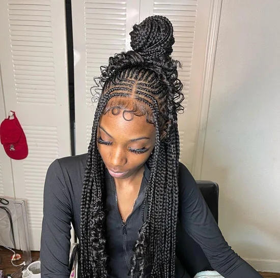 Curtain-part Knotless Braids With Curly Braided Bun