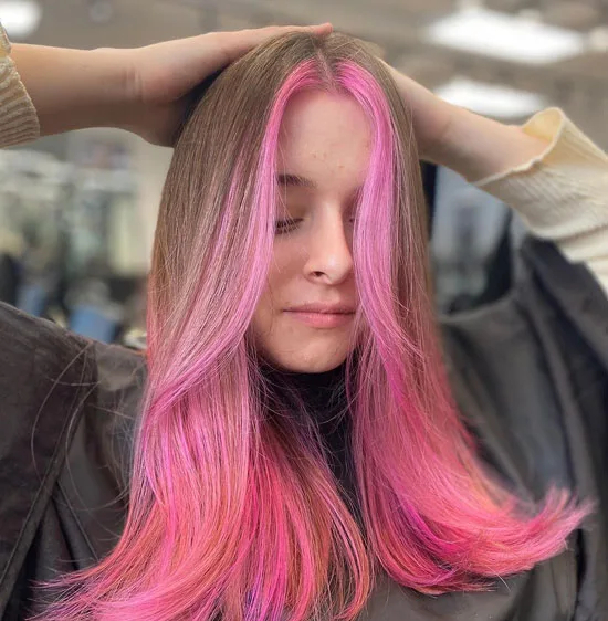 Layered Wispy Middle-part With Barbie Pink Streaks