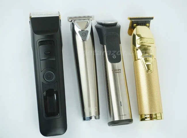 Wahl 9818, Philips Multigroom 9000, BabylissPRO GoldFX+ and Brio Beardscape V2 next to each other